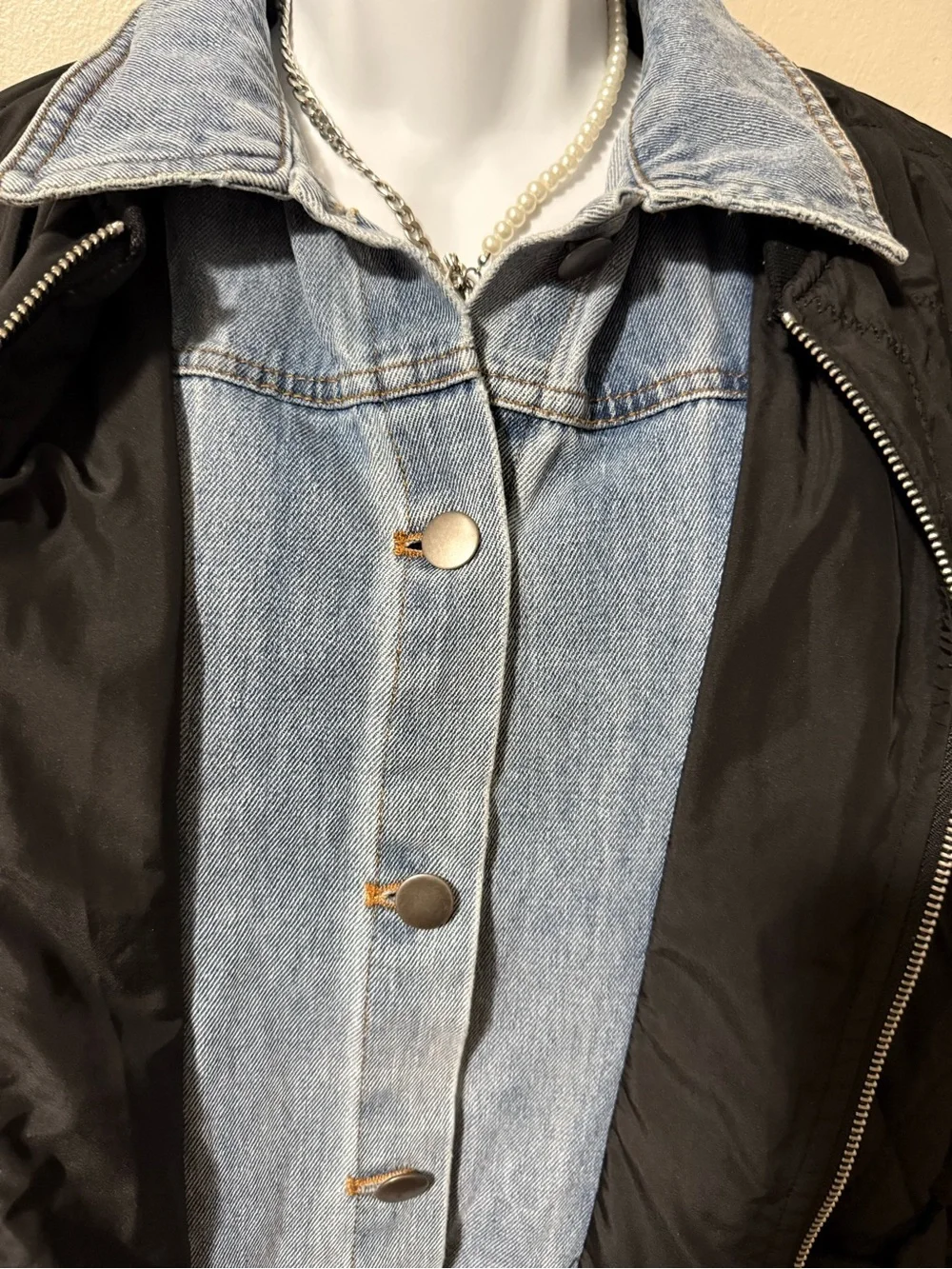 Tribal Black Quilted Puffer Jacket with Denim - Picture 4 of 5